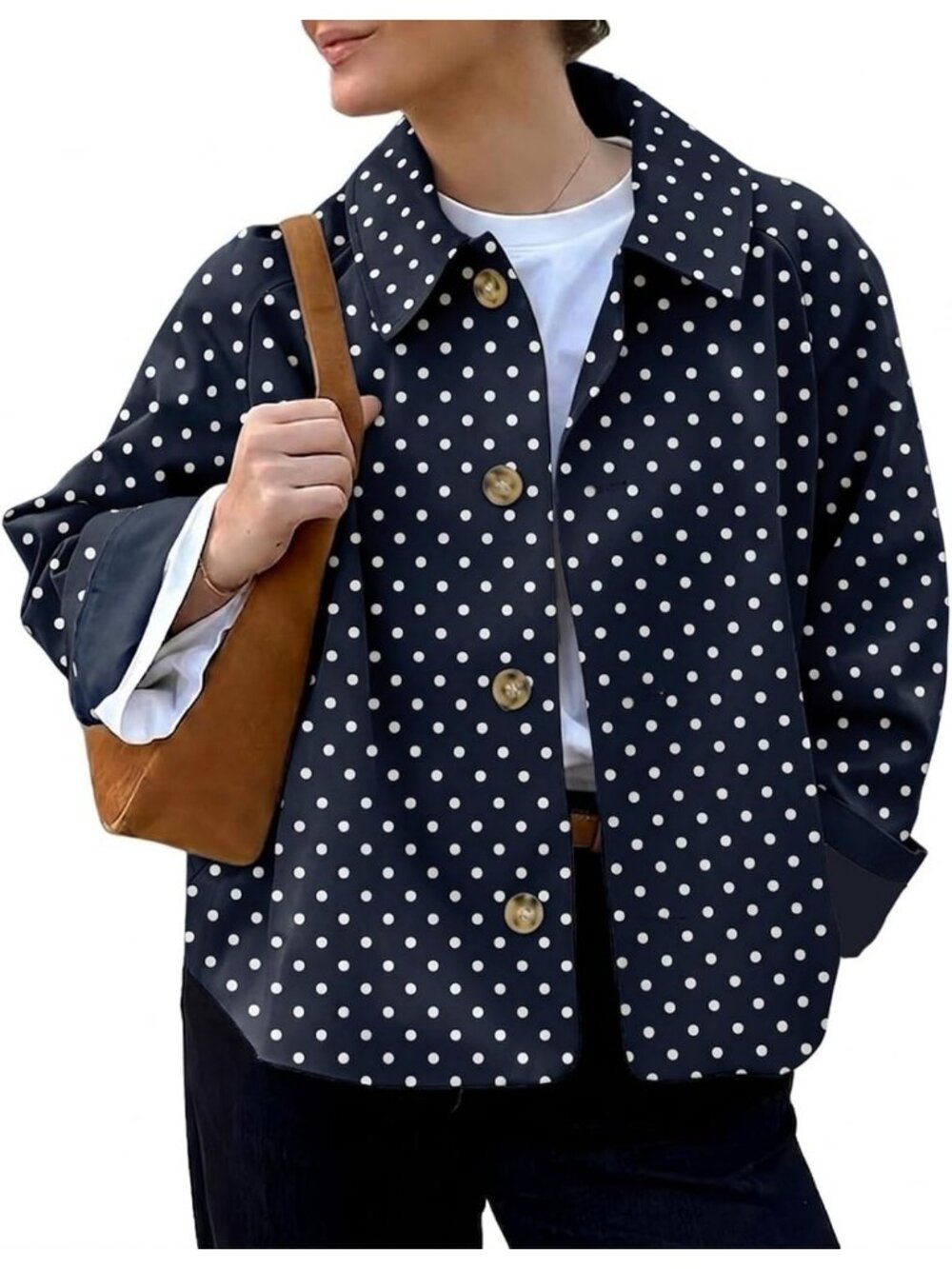 Women's Navy Polka Dots Cropped Single Breasted Button Front Fall Trench Coat